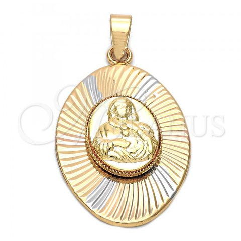 Oro Laminado Religious Pendant, Gold Filled Style Sagrado Corazon de Jesus Design, Diamond Cutting Finish, Tricolor, 5.196.019