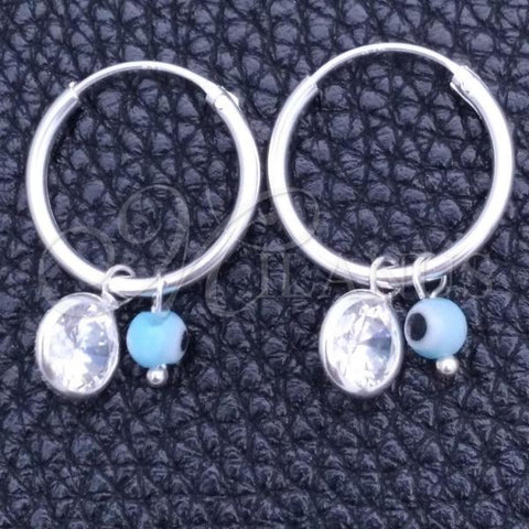 Sterling Silver Small Hoop, Evil Eye Design, with Aqua Blue Crystal, Polished, Silver Finish, 02.402.0007.15