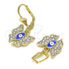 Oro Laminado Dangle Earring, Gold Filled Style Evil Eye and Butterfly Design, with White Crystal, Blue Enamel Finish, Golden Finish, 02.380.0086