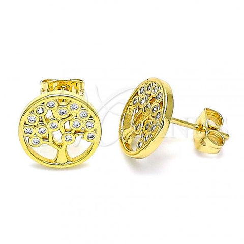 Oro Laminado Stud Earring, Gold Filled Style Tree Design, with White Micro Pave, Polished, Golden Finish, 02.342.0125