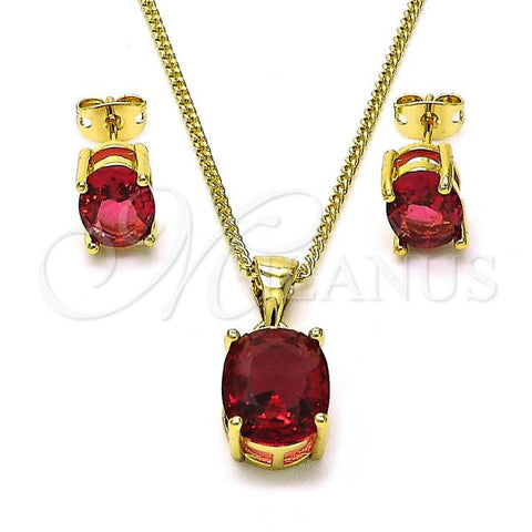 Oro Laminado Earring and Pendant Adult Set, Gold Filled Style with Ruby Cubic Zirconia, Polished, Golden Finish, 10.342.0167