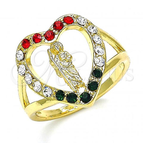 Oro Laminado Multi Stone Ring, Gold Filled Style San Judas and Heart Design, with Multicolor Crystal, Polished, Golden Finish, 01.253.0024.07 (Size 7)