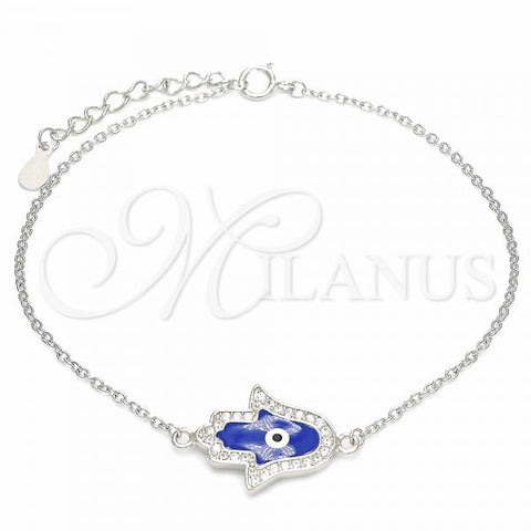 Sterling Silver Fancy Bracelet, Hand of God and Evil Eye Design, with White Micro Pave, Blue Enamel Finish, Rhodium Finish, 03.336.0072.07