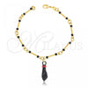 Oro Laminado Charm Bracelet, Gold Filled Style Hand and Bamboo Design, with Black Azavache, Brushed Finish, Golden Finish, 03.32.0189.06