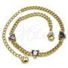 Oro Laminado Fancy Bracelet, Gold Filled Style Heart and Miami Cuban Design, with Amethyst Cubic Zirconia, Polished, Golden Finish, 03.213.0184.3.07