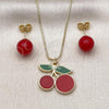 Oro Laminado Earring and Pendant Adult Set, Gold Filled Style Cherry and Ball Design, Red Enamel Finish, Golden Finish, 10.417.0019