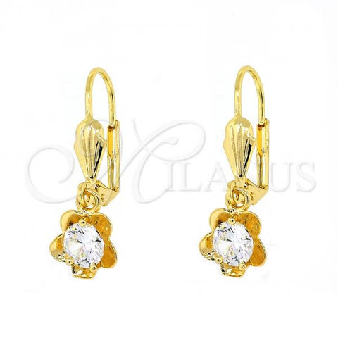 Oro Laminado Dangle Earring, Gold Filled Style Flower Design, with White Cubic Zirconia, Polished, Golden Finish, 02.63.2450