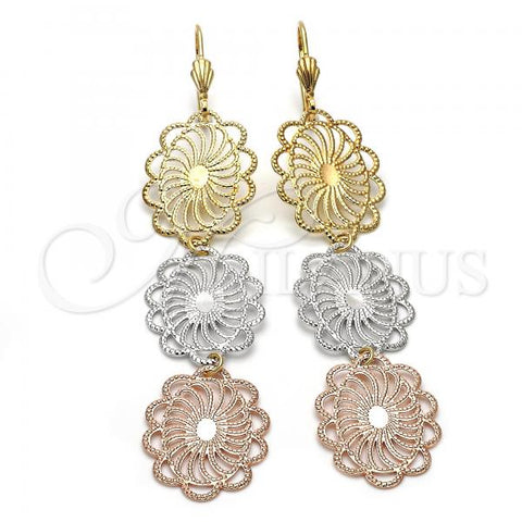 Oro Laminado Long Earring, Gold Filled Style Flower and Filigree Design, Diamond Cutting Finish, Tricolor, 5.087.005