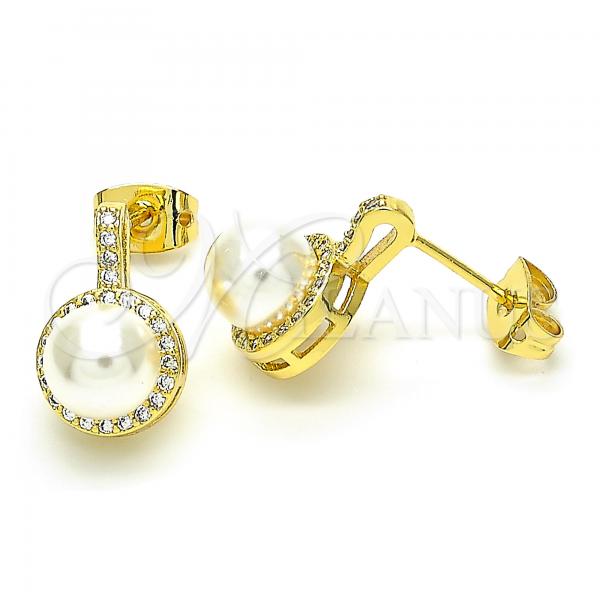 Oro Laminado Stud Earring, Gold Filled Style Ball Design, with Ivory Pearl and White Cubic Zirconia, Polished, Golden Finish, 02.156.0371
