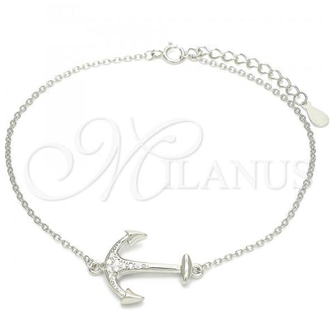 Sterling Silver Fancy Bracelet, Anchor Design, with White Micro Pave, Polished, Rhodium Finish, 03.336.0062.08