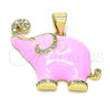 Oro Laminado Fancy Pendant, Gold Filled Style Elephant Design, with White Micro Pave, Pink Enamel Finish, Golden Finish, 05.362.0003.3
