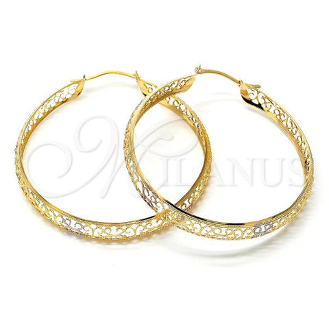 Oro Laminado Large Hoop, Gold Filled Style Filigree Design, Diamond Cutting Finish, Tricolor, 02.32.0281