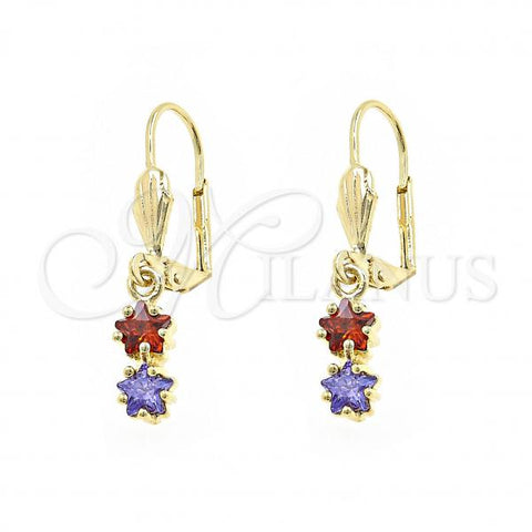 Oro Laminado Dangle Earring, Gold Filled Style Star Design, with Multicolor Cubic Zirconia, Polished, Golden Finish, 02.63.2430.1