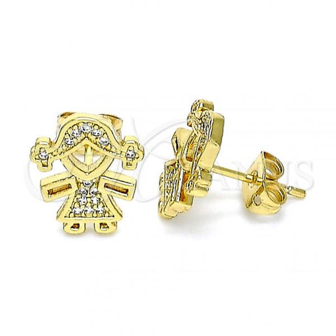Oro Laminado Stud Earring, Gold Filled Style Little Girl Design, with White Micro Pave, Polished, Golden Finish, 02.342.0158