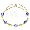 Oro Laminado Adjustable Bolo Bracelet, Gold Filled Style Hand of God Design, Blue Enamel Finish, Golden Finish, 03.213.0142.1.10