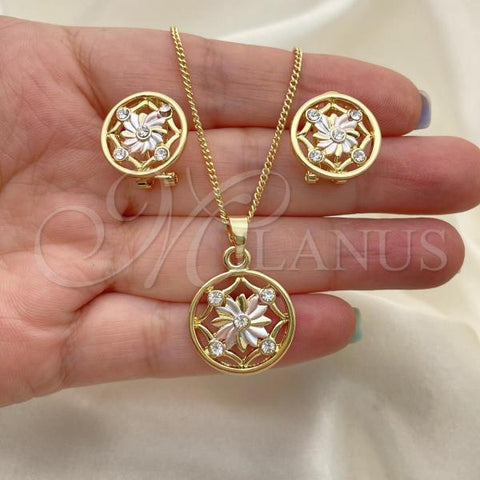 Oro Laminado Earring and Pendant Adult Set, Gold Filled Style Flower Design, with White Crystal, Polished, Tricolor, 10.361.0010