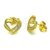 Oro Laminado Stud Earring, Gold Filled Style Heart Design, with White Micro Pave, Polished, Golden Finish, 02.412.0005