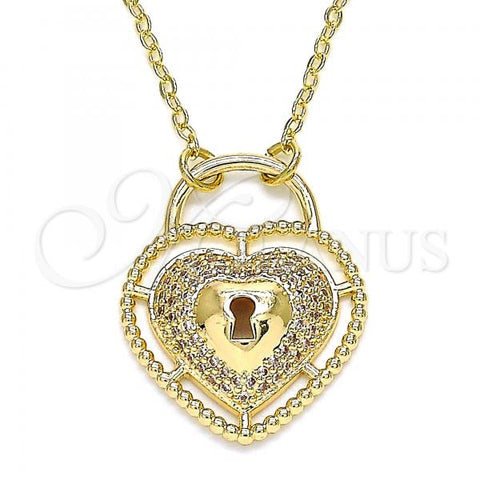 Oro Laminado Pendant Necklace, Gold Filled Style Lock and Heart Design, with White Micro Pave, Polished, Golden Finish, 04.156.0287.18
