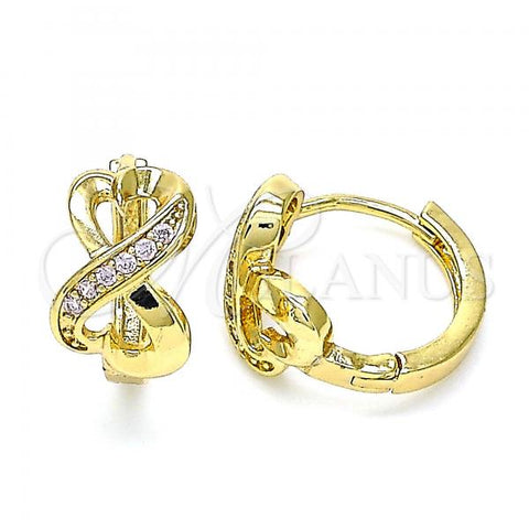 Oro Laminado Huggie Hoop, Gold Filled Style Heart Design, with Pink Micro Pave, Polished, Golden Finish, 02.210.0593.12
