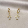 Oro Laminado Dangle Earring, Gold Filled Style Cross Design, with White Cubic Zirconia, Polished, Golden Finish, 02.213.0541