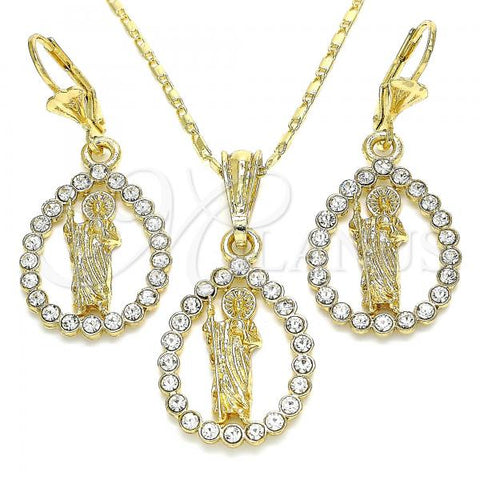 Oro Laminado Earring and Pendant Adult Set, Gold Filled Style San Judas and Teardrop Design, with White Crystal, Polished, Golden Finish, 10.351.0013