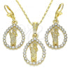 Oro Laminado Earring and Pendant Adult Set, Gold Filled Style San Judas and Teardrop Design, with White Crystal, Polished, Golden Finish, 10.351.0013