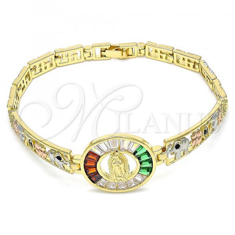 Oro Laminado Fancy Bracelet, Gold Filled Style Guadalupe and Four-leaf Clover Design, with Multicolor Cubic Zirconia, Polished, Tricolor, 03.380.0102.07