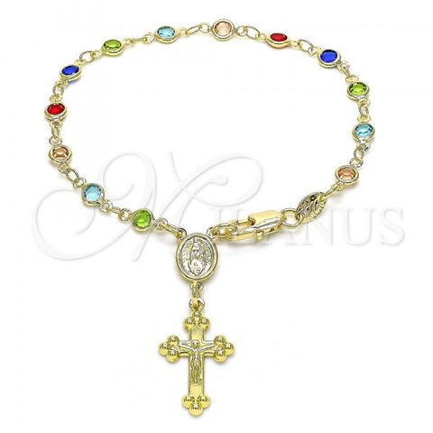 Oro Laminado Bracelet Rosary, Gold Filled Style Guadalupe and Crucifix Design, with Multicolor Crystal, Polished, Golden Finish, 09.326.0001.08