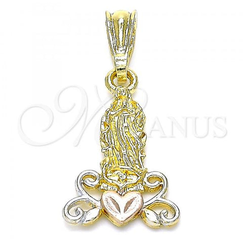 Oro Laminado Religious Pendant, Gold Filled Style Guadalupe and Heart Design, Polished, Tricolor, 05.351.0210