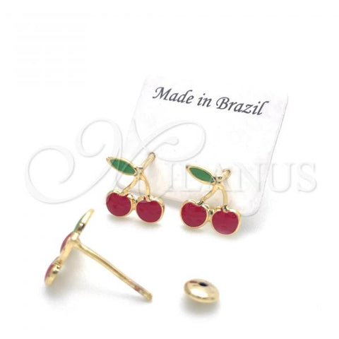 Oro Laminado Stud Earring, Gold Filled Style Cherry Design, Red Enamel Finish, Golden Finish, 02.02.0503