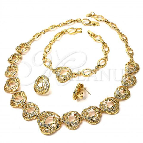 Oro Laminado Necklace, Bracelet and Earring, Gold Filled Style Greek Key Design, with White Crystal, Polished, Golden Finish, 06.59.0085