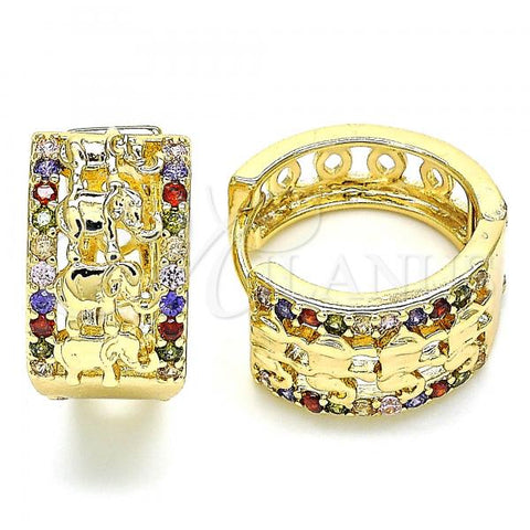 Oro Laminado Huggie Hoop, Gold Filled Style Elephant Design, with Multicolor Micro Pave, Polished, Golden Finish, 02.210.0156.3.20