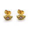 Oro Laminado Stud Earring, Gold Filled Style Evil Eye Design, with White Micro Pave, Red Enamel Finish, Golden Finish, 02.310.0104