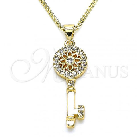 Oro Laminado Pendant Necklace, Gold Filled Style key and Flower Design, with White Micro Pave, Polished, Golden Finish, 04.344.0006.20