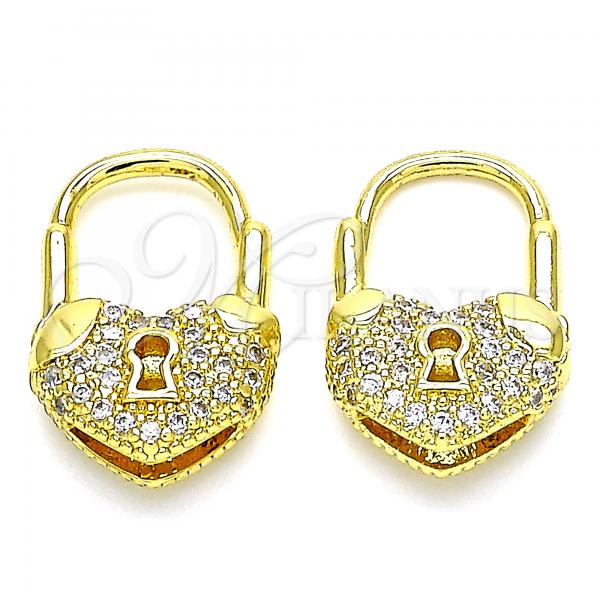 Oro Laminado Small Hoop, Gold Filled Style Lock and Heart Design, with White Micro Pave, Polished, Golden Finish, 02.341.0056.12