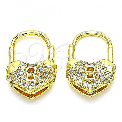 Oro Laminado Small Hoop, Gold Filled Style Lock and Heart Design, with White Micro Pave, Polished, Golden Finish, 02.341.0056.12