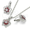 Rhodium Plated Earring and Pendant Adult Set, Butterfly and Flower Design, with Garnet and White Cubic Zirconia, Polished, Rhodium Finish, 10.210.0100.5