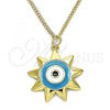 Oro Laminado Pendant Necklace, Gold Filled Style Evil Eye and Sun Design, Turquoise Enamel Finish, Golden Finish, 04.313.0059.20