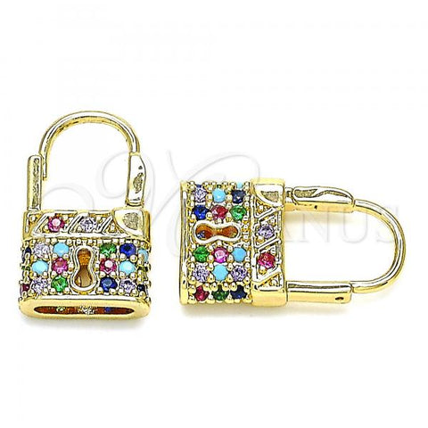 Oro Laminado Small Hoop, Gold Filled Style Lock Design, with Multicolor Micro Pave, Polished, Golden Finish, 02.210.0528.1.12