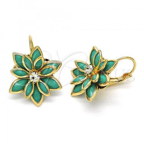 Oro Laminado Leverback Earring, Gold Filled Style Flower Design, with Turquoise and White Crystal, Polished, Golden Finish, 02.64.0638