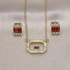 Oro Laminado Earring and Pendant Adult Set, Gold Filled Style Baguette Design, with Garnet and White Cubic Zirconia, Polished, Golden Finish, 10.196.0154.2
