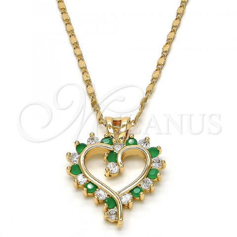 Oro Laminado Pendant Necklace, Gold Filled Style Heart Design, with Green and White Cubic Zirconia, Polished, Golden Finish, 04.210.0001.3.18