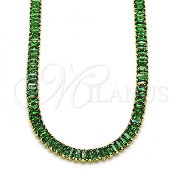 Oro Laminado Fancy Necklace, Gold Filled Style Baguette Design, with Green Cubic Zirconia, Polished, Golden Finish, 04.130.0001.7.12