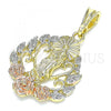 Oro Laminado Religious Pendant, Gold Filled Style Guadalupe and Flower Design, Polished, Tricolor, 05.380.0051
