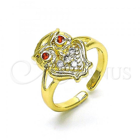 Oro Laminado Multi Stone Ring, Gold Filled Style Owl Design, with White Micro Pave and Garnet Cubic Zirconia, Polished, Golden Finish, 01.210.0078