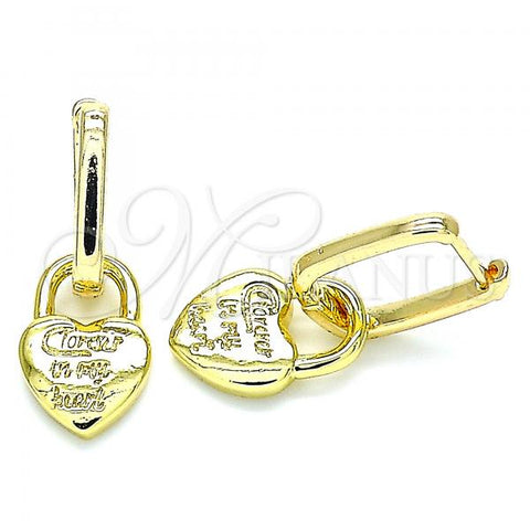Oro Laminado Huggie Hoop, Gold Filled Style Lock and Heart Design, Polished, Golden Finish, 02.341.0077.12