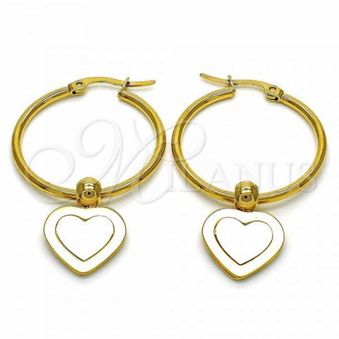 Stainless Steel Medium Hoop, Heart Design, White Enamel Finish, Golden Finish, 02.364.0008.30