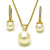 Oro Laminado Earring and Pendant Adult Set, Gold Filled Style Ball Design, with Ivory Pearl and White Micro Pave, Polished, Golden Finish, 10.195.0060