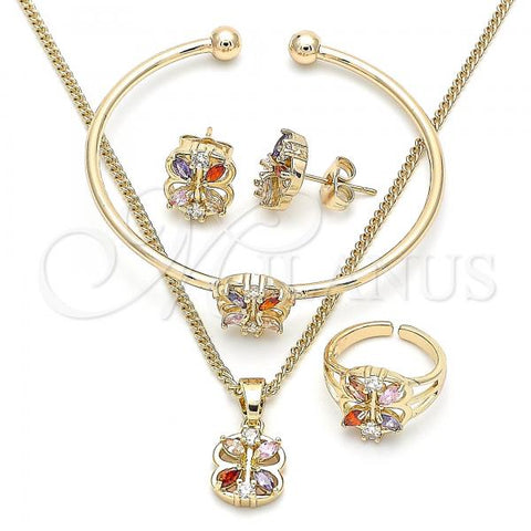 Oro Laminado Earring and Pendant Children Set, Gold Filled Style Flower Design, with Multicolor Cubic Zirconia, Polished, Golden Finish, 06.210.0016