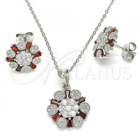 Sterling Silver Earring and Pendant Adult Set, with Garnet and White Cubic Zirconia, Polished, Rhodium Finish, 10.286.0029